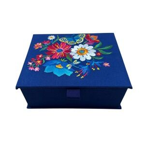 Brighton Royal Blue Embroidered Floral Butterfly Jewelry Keepsake Box